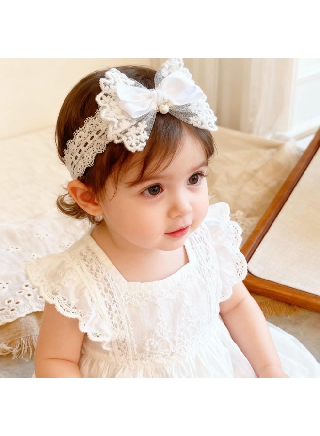 Baby Girls Headband White Bow Lace Headbands Soft Elastic Bowknot Hairbands Cute Hair Accessory for Newborn Kids Infant Toddler Baptism Birthday Party (Lace Pearl) - Image 3