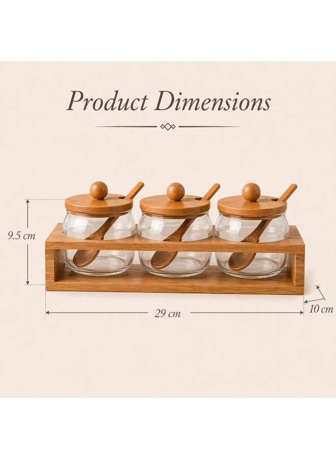 Honey Bee 3 Piece Borosilicate Glass Food Storage Containers Set with Bamboo Lids & Spoons, Airtight Kitchen Canisters with Wooden Stand for Pantry, Spices, Sugar, Coffee 29 x 10 x 9.5 cm - Image 2