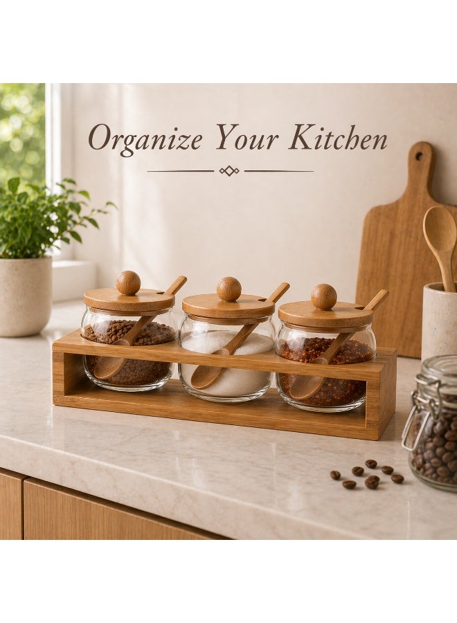 Honey Bee 3 Piece Borosilicate Glass Food Storage Containers Set with Bamboo Lids & Spoons, Airtight Kitchen Canisters with Wooden Stand for Pantry, Spices, Sugar, Coffee 29 x 10 x 9.5 cm - Image 5