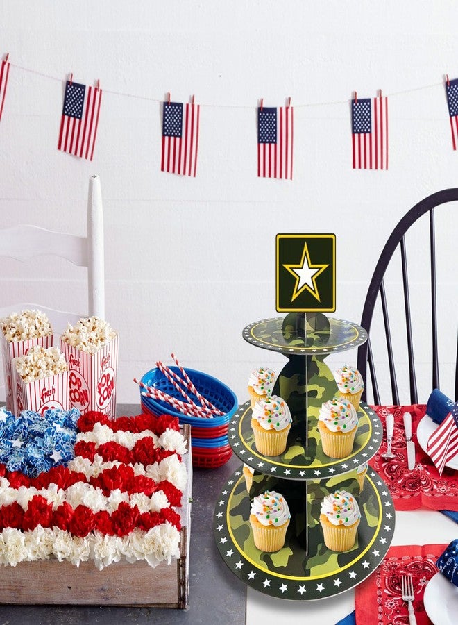 DodelyGz Military Army Camouflage Cupcake Stand,3 Tier Sturdy Cardboard Food Display Cupcakes Tower Holder for Army Themed Party Camo Birthday Party Decor - Image 4