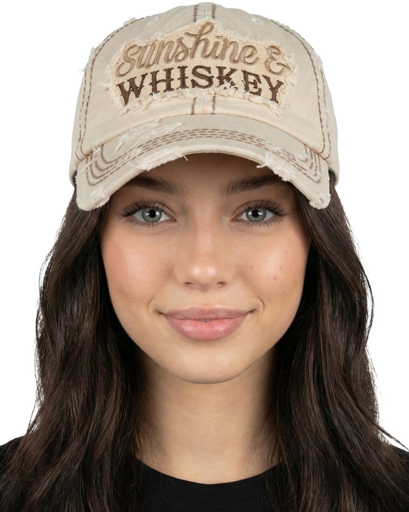 Funky Junque Womens Baseball Hat Vintage Distressed Unstructured Sunshine Hat Beach Baseball Cap for Women - Sunshine & Whiskey - Beige - Image 1