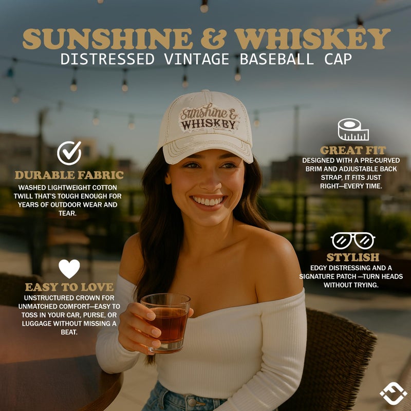Funky Junque Womens Baseball Hat Vintage Distressed Unstructured Sunshine Hat Beach Baseball Cap for Women - Sunshine & Whiskey - Beige - Image 2