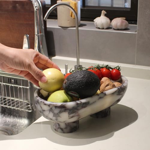 Nawgnail Natural Oval Calacatta Viola Marble Fruit Bowl for Kitchen Counter 10", Large Decorative Bowl Two-Legs for Home Decor, Fruits Holder For Dining Table - Kitchen Organization - Image 3