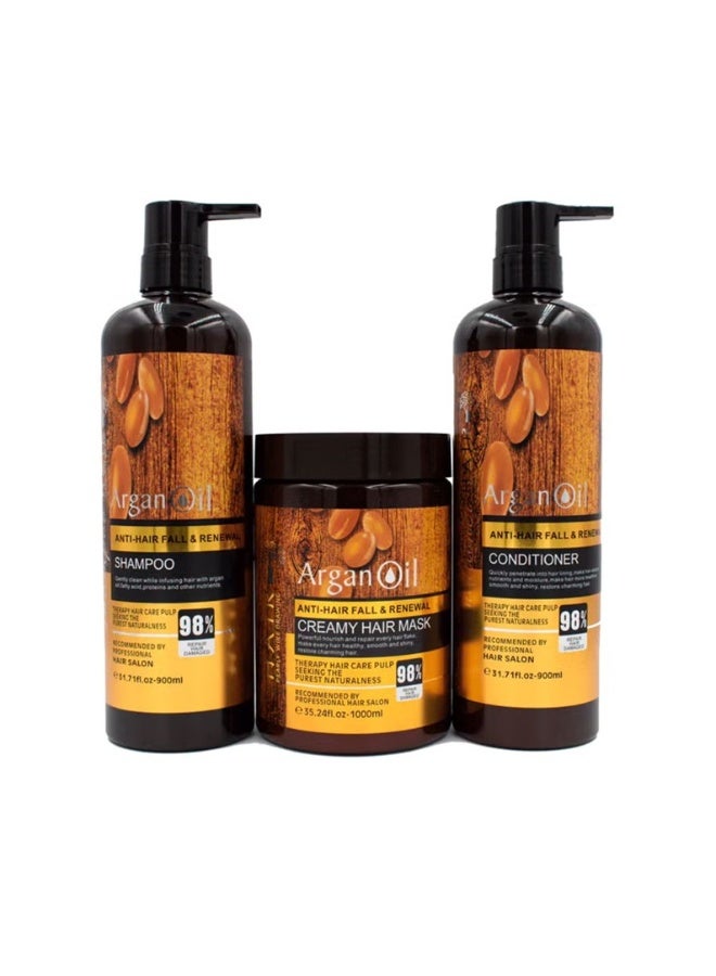 Argan Oil Anti-Hair Fall & Renewal Hair Care Set 3 Piece | Shampoo 900ml + Conditioner 900ml + Creamy Hair Mask 1000ml | Deep Repair, Hydration & Frizz Control