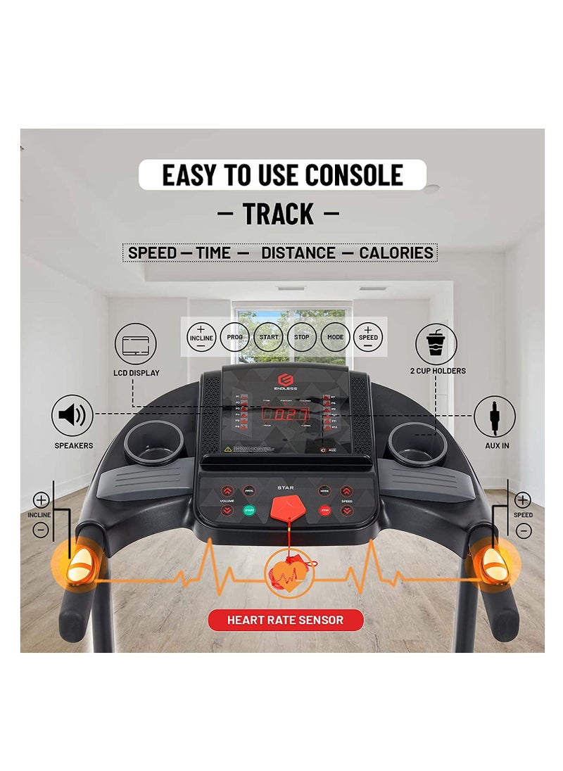 ENDLESS  - Star Plus Treadmill with Massager | 3HP Peak Power DC Motor | 10 km/hr Speed | 90kg User Weight Capacity | 410mm Running Area | Foldable, Manual Incline, Speakers & 12 Preset Programs - Image 1