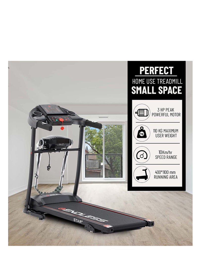 ENDLESS  - Star Plus Treadmill with Massager | 3HP Peak Power DC Motor | 10 km/hr Speed | 90kg User Weight Capacity | 410mm Running Area | Foldable, Manual Incline, Speakers & 12 Preset Programs - Image 1