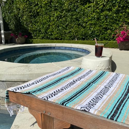 Del Mex Classic Mexican Blanket, Large Authentic Woven Falsa Throw (70"x50"), Artisan Southwest Décor for Beach, Yoga, Outdoors (Mint/Tan) - Image 2