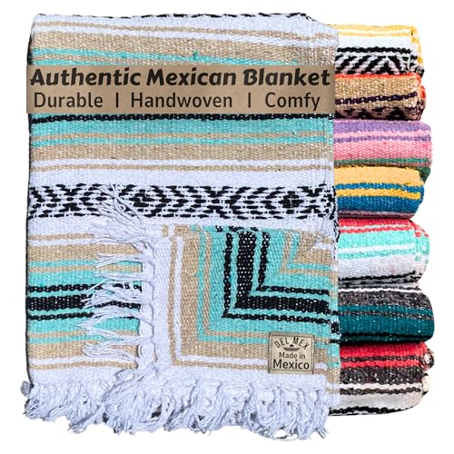 Del Mex Classic Mexican Blanket, Large Authentic Woven Falsa Throw (70"x50"), Artisan Southwest Décor for Beach, Yoga, Outdoors (Mint/Tan) - Image 1