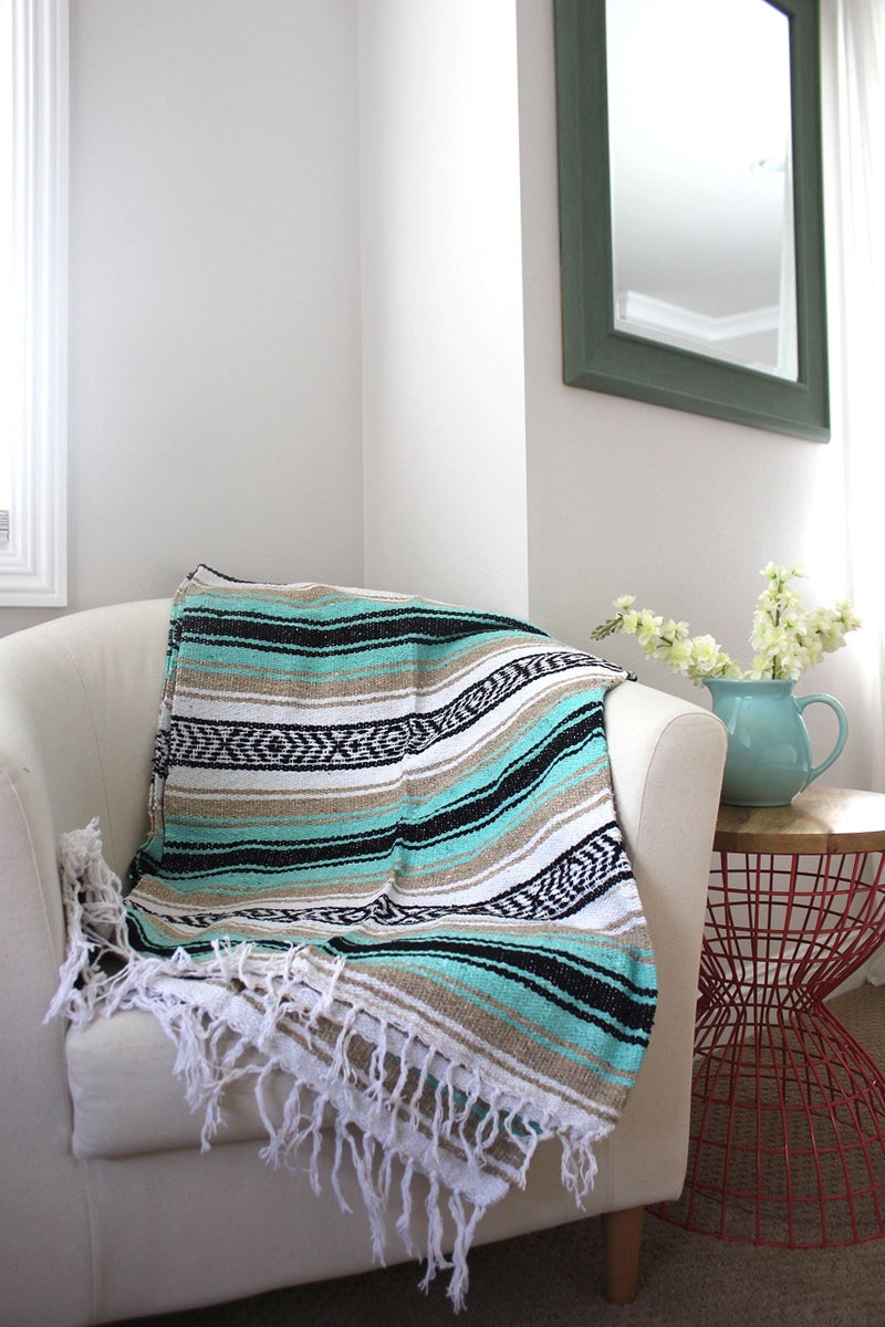 Del Mex Classic Mexican Blanket, Large Authentic Woven Falsa Throw (70"x50"), Artisan Southwest Décor for Beach, Yoga, Outdoors (Mint/Tan) - Image 3