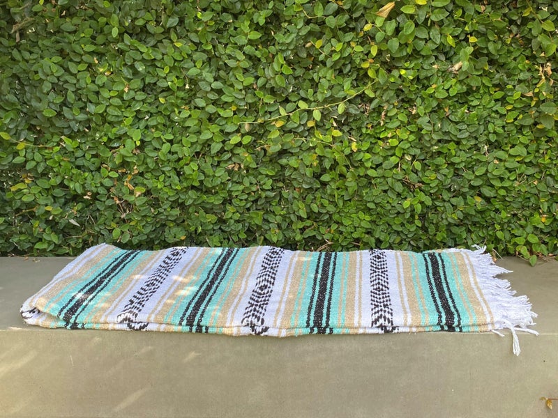 Del Mex Classic Mexican Blanket, Large Authentic Woven Falsa Throw (70"x50"), Artisan Southwest Décor for Beach, Yoga, Outdoors (Mint/Tan) - Image 4