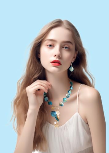 Coiris Natural Seashell Choker Necklaces Earrings Jewelry Set for Women Starfish Shell Freshwater Pearl Collar Necklaces for Women Irregular Mother of Pearl Jewelry Set(ST0023-Blue) - Image 3