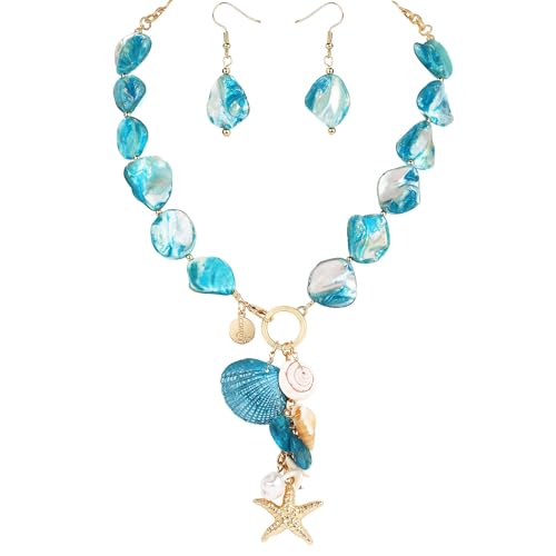 Coiris Natural Seashell Choker Necklaces Earrings Jewelry Set for Women Starfish Shell Freshwater Pearl Collar Necklaces for Women Irregular Mother of Pearl Jewelry Set(ST0023-Blue) - Image 1