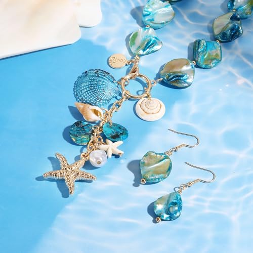 Coiris Natural Seashell Choker Necklaces Earrings Jewelry Set for Women Starfish Shell Freshwater Pearl Collar Necklaces for Women Irregular Mother of Pearl Jewelry Set(ST0023-Blue) - Image 4