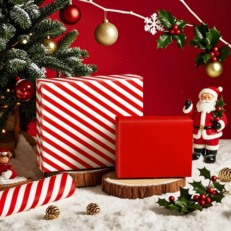 WRAPAHOLIC ورقة تغليف قابلة للعكس بحجم 30 بوصة - لفة ضخمة بتصميم أحمر وخطوط للاحتفالات، العطلات، الزفاف، حفلات استقبال المولود - 30 بوصة × 33 قدم - Image 3