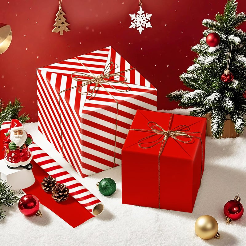 WRAPAHOLIC ورقة تغليف قابلة للعكس بحجم 30 بوصة - لفة ضخمة بتصميم أحمر وخطوط للاحتفالات، العطلات، الزفاف، حفلات استقبال المولود - 30 بوصة × 33 قدم - Image 5