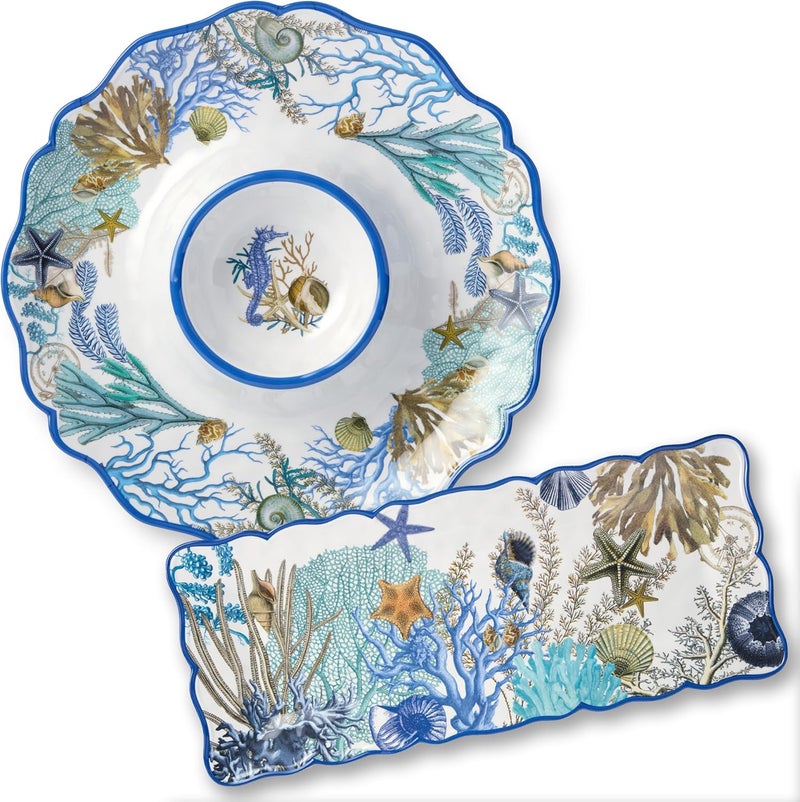 Certified International Blue Lagoon 2Piece Melamine Appetizer Set  Coastal Blues  Coral White Chip  Dip Platter 145 and Rectangular Serving Tray 19 x 8 Perfect for Entertaining  BeachThemed Parties - Image 1