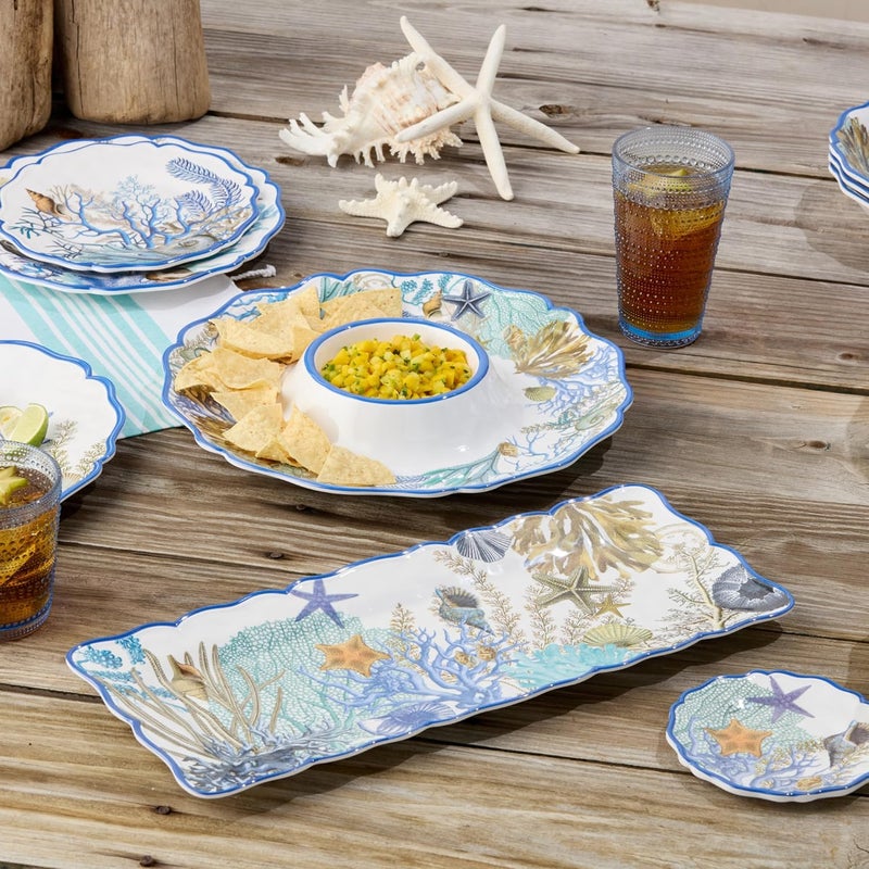 Certified International Blue Lagoon 2Piece Melamine Appetizer Set  Coastal Blues  Coral White Chip  Dip Platter 145 and Rectangular Serving Tray 19 x 8 Perfect for Entertaining  BeachThemed Parties - Image 5