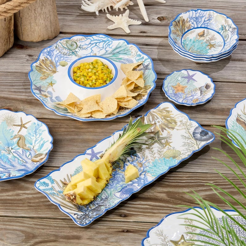 Certified International Blue Lagoon 2Piece Melamine Appetizer Set  Coastal Blues  Coral White Chip  Dip Platter 145 and Rectangular Serving Tray 19 x 8 Perfect for Entertaining  BeachThemed Parties - Image 4