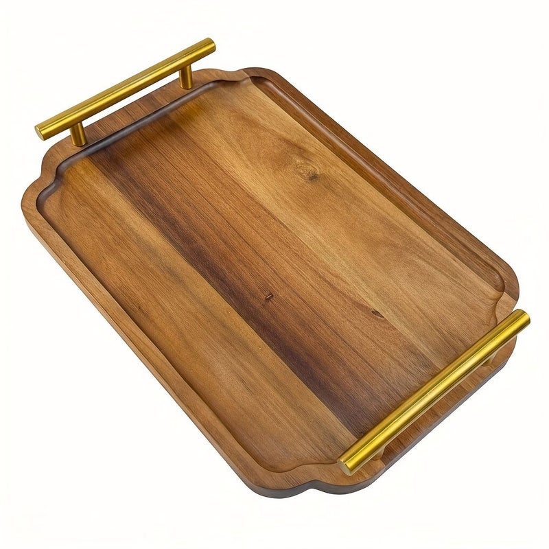 A 13 Inch Elegant Wooden Tray With Golden Handles Large Multifunctional Storage Tray Enhances Living Room Coffee Table Decor Breakfast In Bed Service Suitable For Living Room Decoration Kitchen Storage Bedroom Decor - Image 1