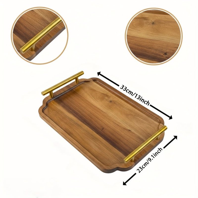 A 13 Inch Elegant Wooden Tray With Golden Handles Large Multifunctional Storage Tray Enhances Living Room Coffee Table Decor Breakfast In Bed Service Suitable For Living Room Decoration Kitchen Storage Bedroom Decor - Image 3