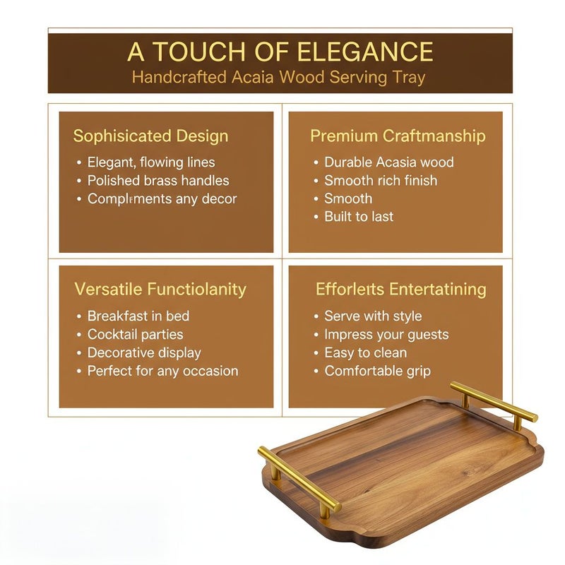 A 13 Inch Elegant Wooden Tray With Golden Handles Large Multifunctional Storage Tray Enhances Living Room Coffee Table Decor Breakfast In Bed Service Suitable For Living Room Decoration Kitchen Storage Bedroom Decor - Image 4