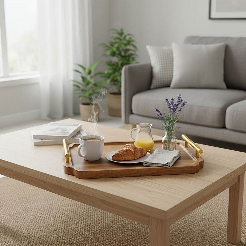 A 13 Inch Elegant Wooden Tray With Golden Handles Large Multifunctional Storage Tray Enhances Living Room Coffee Table Decor Breakfast In Bed Service Suitable For Living Room Decoration Kitchen Storage Bedroom Decor - Image 2