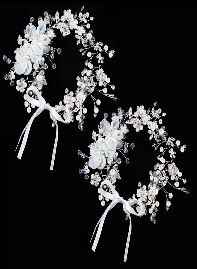 Kigeli 2 Pcs Wedding Flower Girl Headpiece Pearl Silver Princess Flower Girl Hair Accessory Wedding Tulle Flower Crystal Headband Cute Communion Headband for Baby Kids Birthday Photography Hair Accessories - Image 1