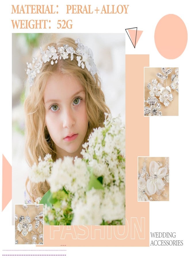 Kigeli 2 Pcs Wedding Flower Girl Headpiece Pearl Silver Princess Flower Girl Hair Accessory Wedding Tulle Flower Crystal Headband Cute Communion Headband for Baby Kids Birthday Photography Hair Accessories - Image 3