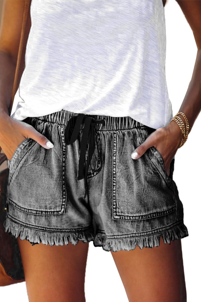 YOCUR Jean Shorts Mid Waisted Paperbag Drawstring Tassel 4 Inseam Petite Denim Summer Casual Cute Shorts Grey XXL - Image 1
