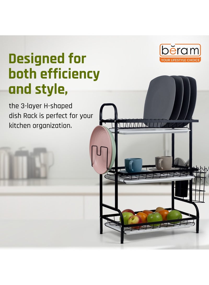 Beram Dish Drying Kitchen Rack, 3 Tier, Storage Organizer, Carbon Steel and Rust-Proof, with Drip Tray, Knife Holder, Cutting Board Holder, Black - Image 2