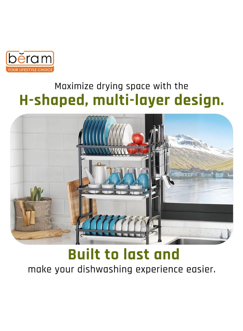 Beram Dish Drying Kitchen Rack, 3 Tier, Storage Organizer, Carbon Steel and Rust-Proof, with Drip Tray, Knife Holder, Cutting Board Holder, Black - Image 3
