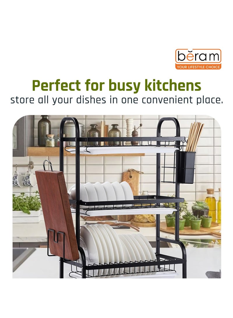 Beram Dish Drying Kitchen Rack, 3 Tier, Storage Organizer, Carbon Steel and Rust-Proof, with Drip Tray, Knife Holder, Cutting Board Holder, Black - Image 4