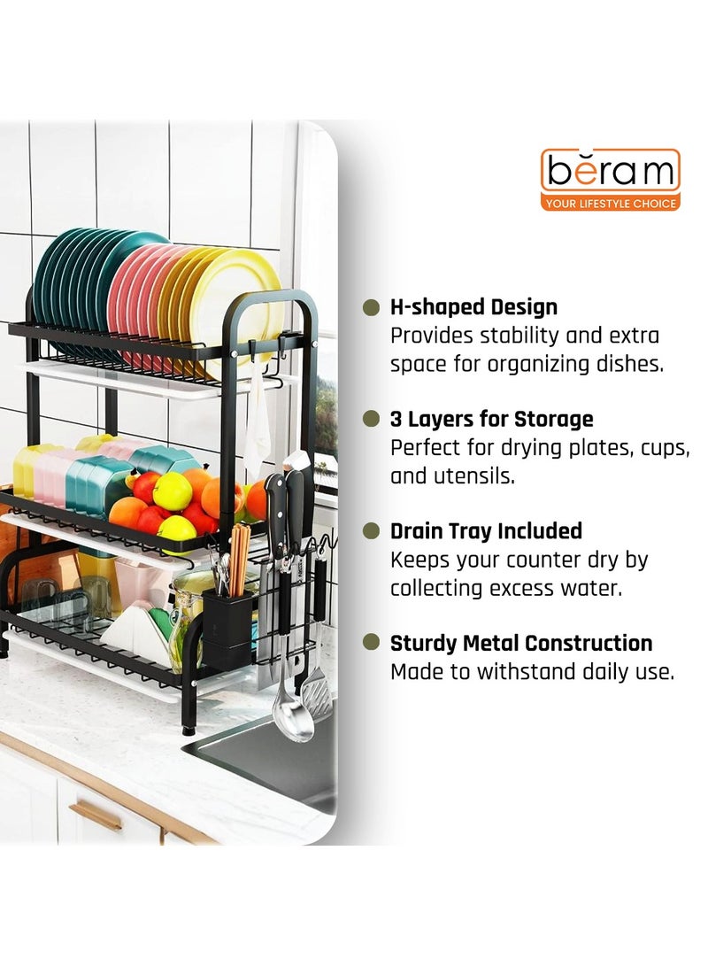 Beram Dish Drying Kitchen Rack, 3 Tier, Storage Organizer, Carbon Steel and Rust-Proof, with Drip Tray, Knife Holder, Cutting Board Holder, Black - Image 5