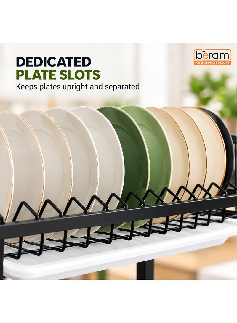 BERAM 3-Tier Dish Drying Rack for Kitchen Counter – Dish Drainer with Drip Tray, Utensil & Cup Holder, Knife Block, Cutting Board Holder – Rust-Resistant Steel, Black - Image 4