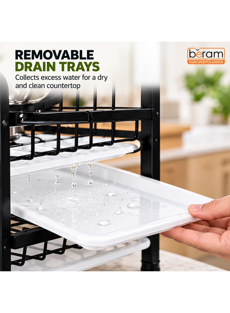 BERAM 3-Tier Dish Drying Rack for Kitchen Counter – Dish Drainer with Drip Tray, Utensil & Cup Holder, Knife Block, Cutting Board Holder – Rust-Resistant Steel, Black - Image 3