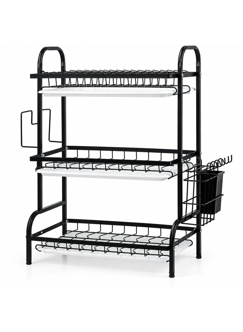 BERAM 3-Tier Dish Drying Rack for Kitchen Counter – Dish Drainer with Drip Tray, Utensil & Cup Holder, Knife Block, Cutting Board Holder – Rust-Resistant Steel, Black - Image 1