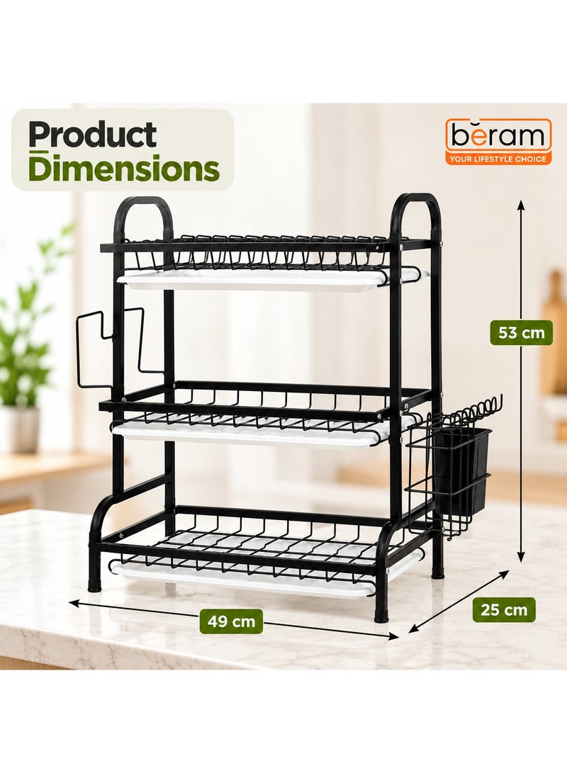 BERAM 3-Tier Dish Drying Rack for Kitchen Counter – Dish Drainer with Drip Tray, Utensil & Cup Holder, Knife Block, Cutting Board Holder – Rust-Resistant Steel, Black - Image 2