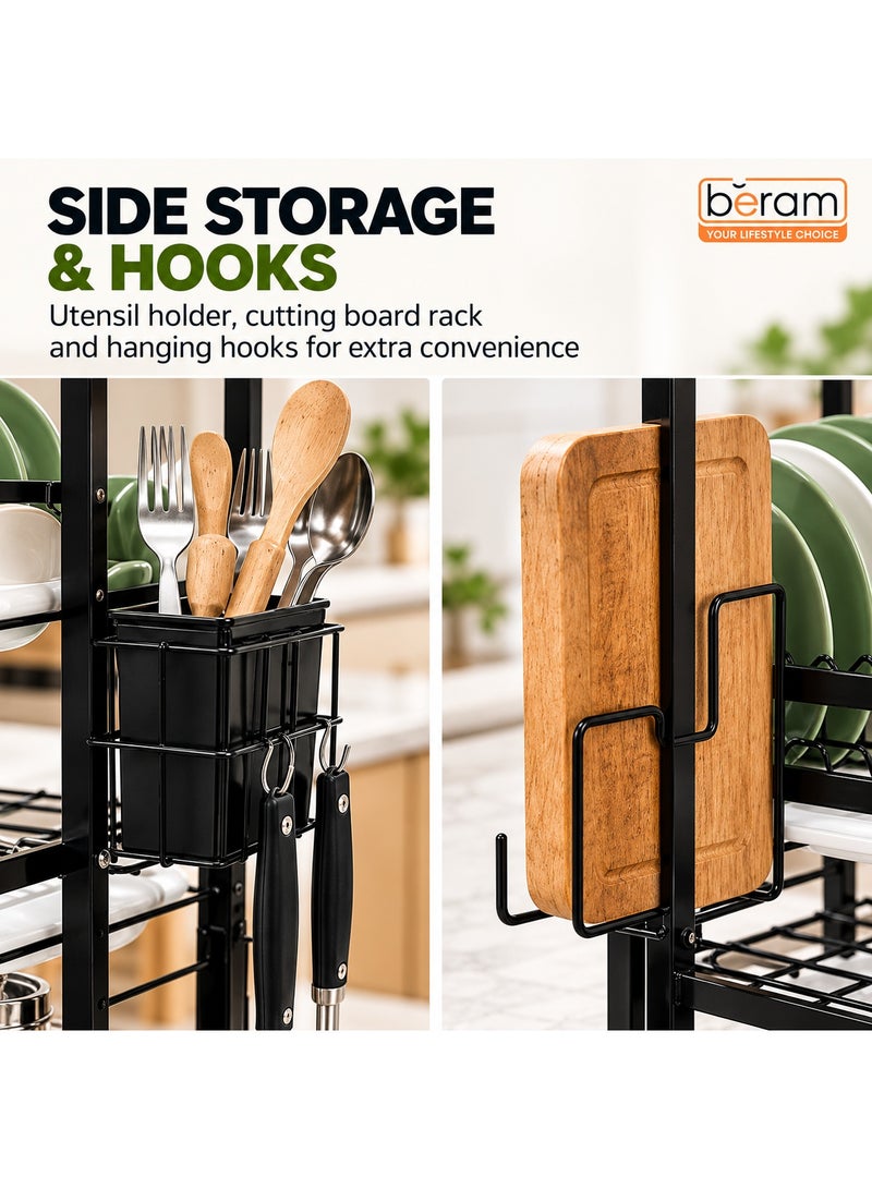 BERAM 3-Tier Dish Drying Rack for Kitchen Counter – Dish Drainer with Drip Tray, Utensil & Cup Holder, Knife Block, Cutting Board Holder – Rust-Resistant Steel, Black - Image 5