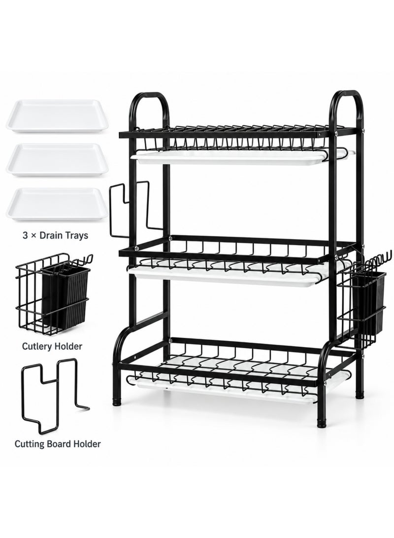 BERAM 3-Tier Dish Drying Rack for Kitchen Counter – Dish Drainer with Drip Tray, Utensil & Cup Holder, Knife Block, Cutting Board Holder – Rust-Resistant Steel, Black - Image 1