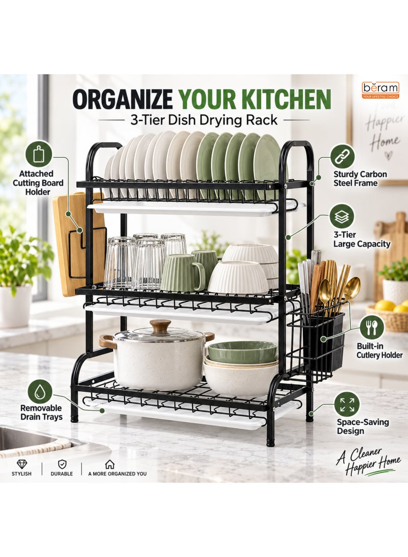 BERAM 3-Tier Dish Drying Rack for Kitchen Counter – Dish Drainer with Drip Tray, Utensil & Cup Holder, Knife Block, Cutting Board Holder – Rust-Resistant Steel, Black - Image 3