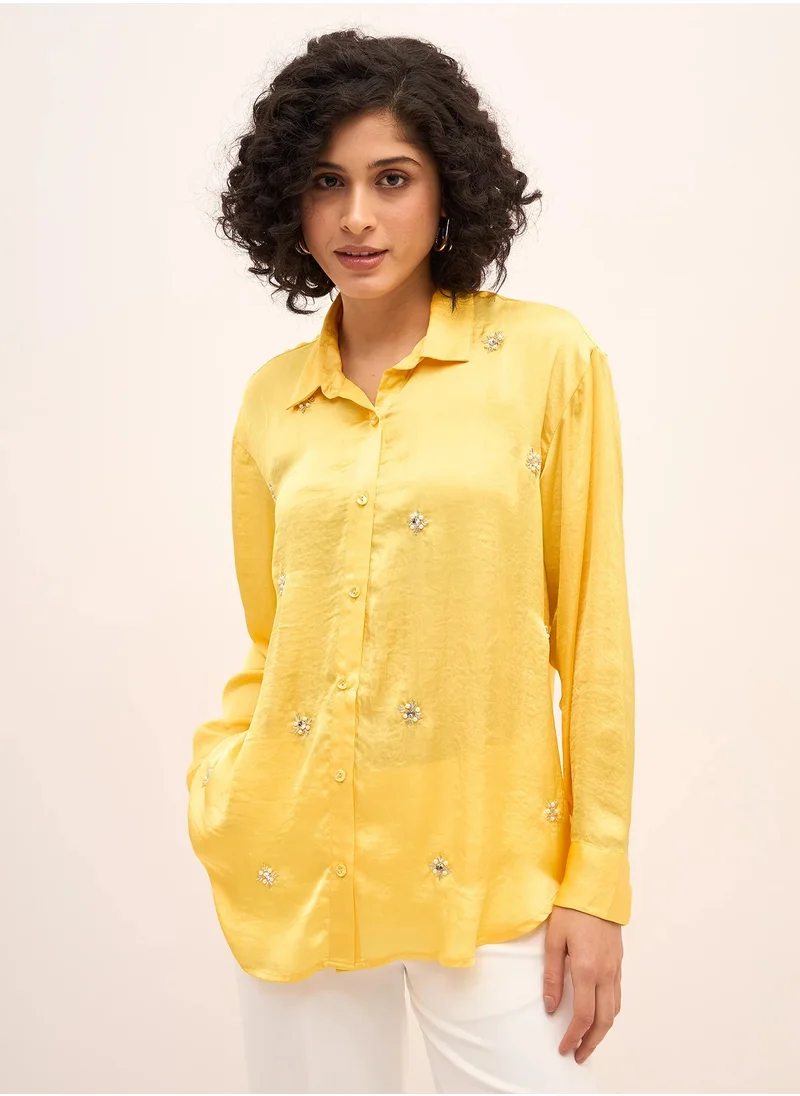 سولت اتاير Women's Yellow Embellished Button-Down Shirt | Classic Collared Top with Full-Length Cuffed Sleeves & Dropped Shoulders | Stylish Yellow Shirt for Versatile Wear