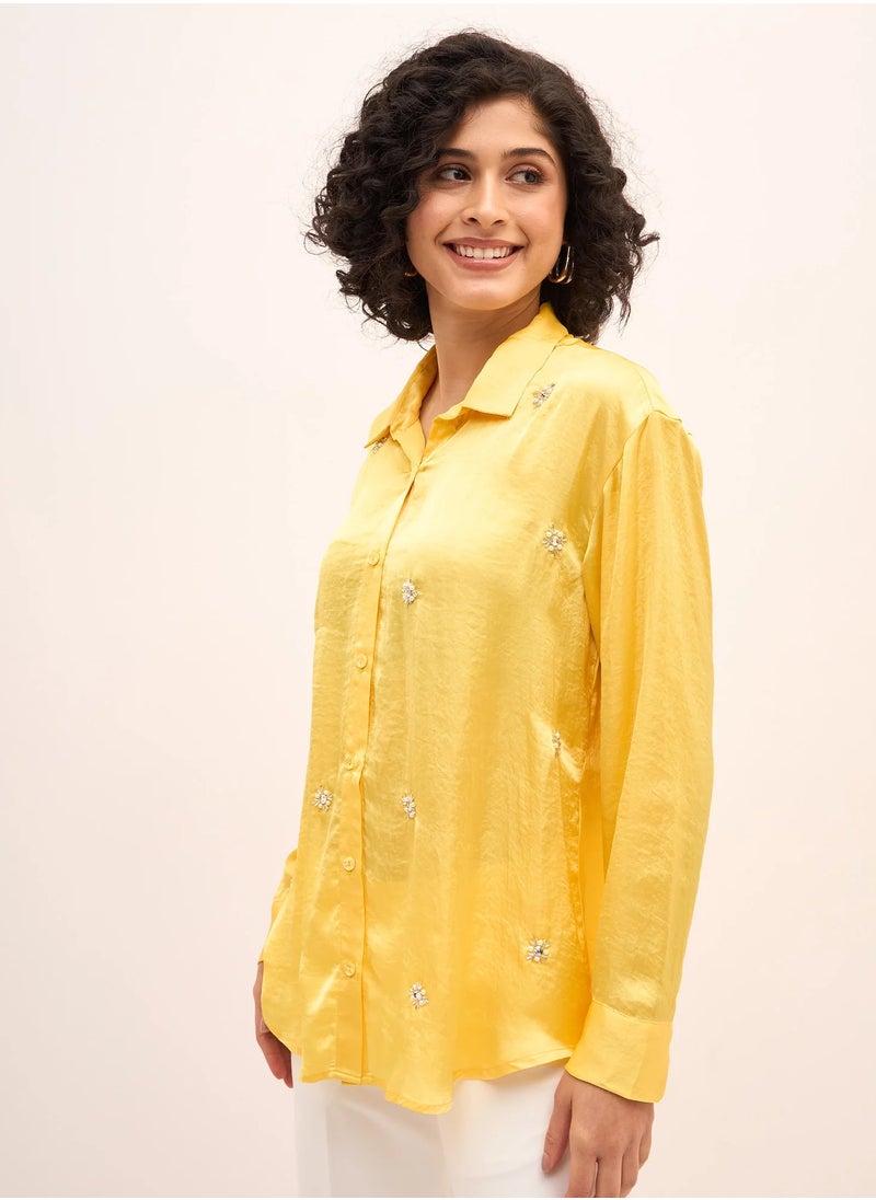 Salt Attire Women's Yellow Embellished Button-Down Shirt | Classic Collared Top with Full-Length Cuffed Sleeves & Dropped Shoulders | Stylish Yellow Shirt for Versatile Wear  - Image 3