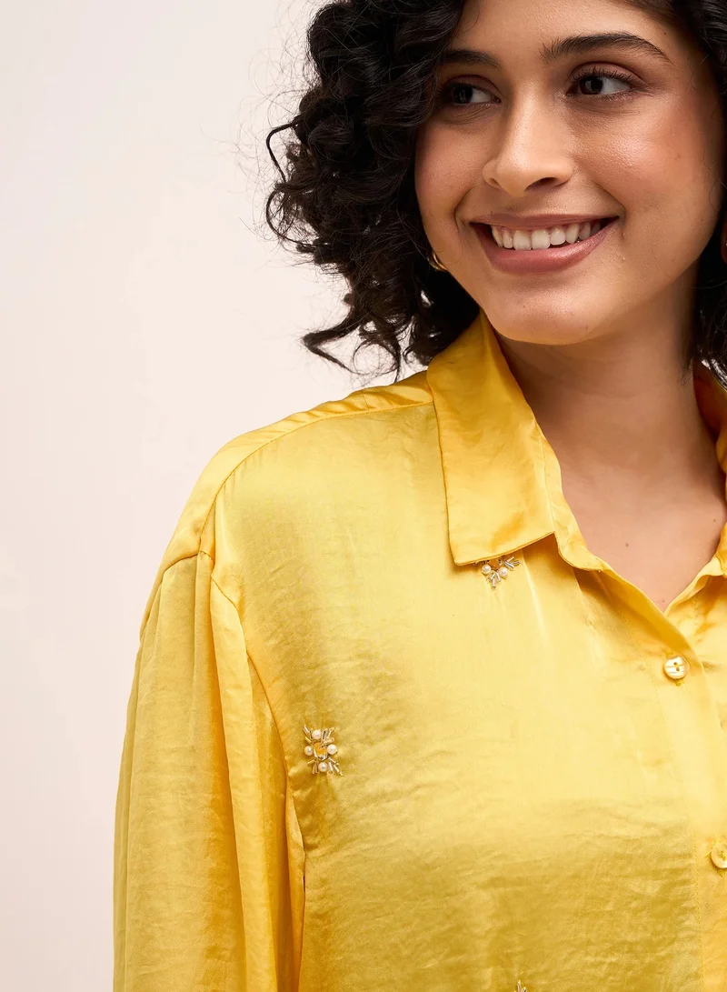 Salt Attire Women's Yellow Embellished Button-Down Shirt | Classic Collared Top with Full-Length Cuffed Sleeves & Dropped Shoulders | Stylish Yellow Shirt for Versatile Wear