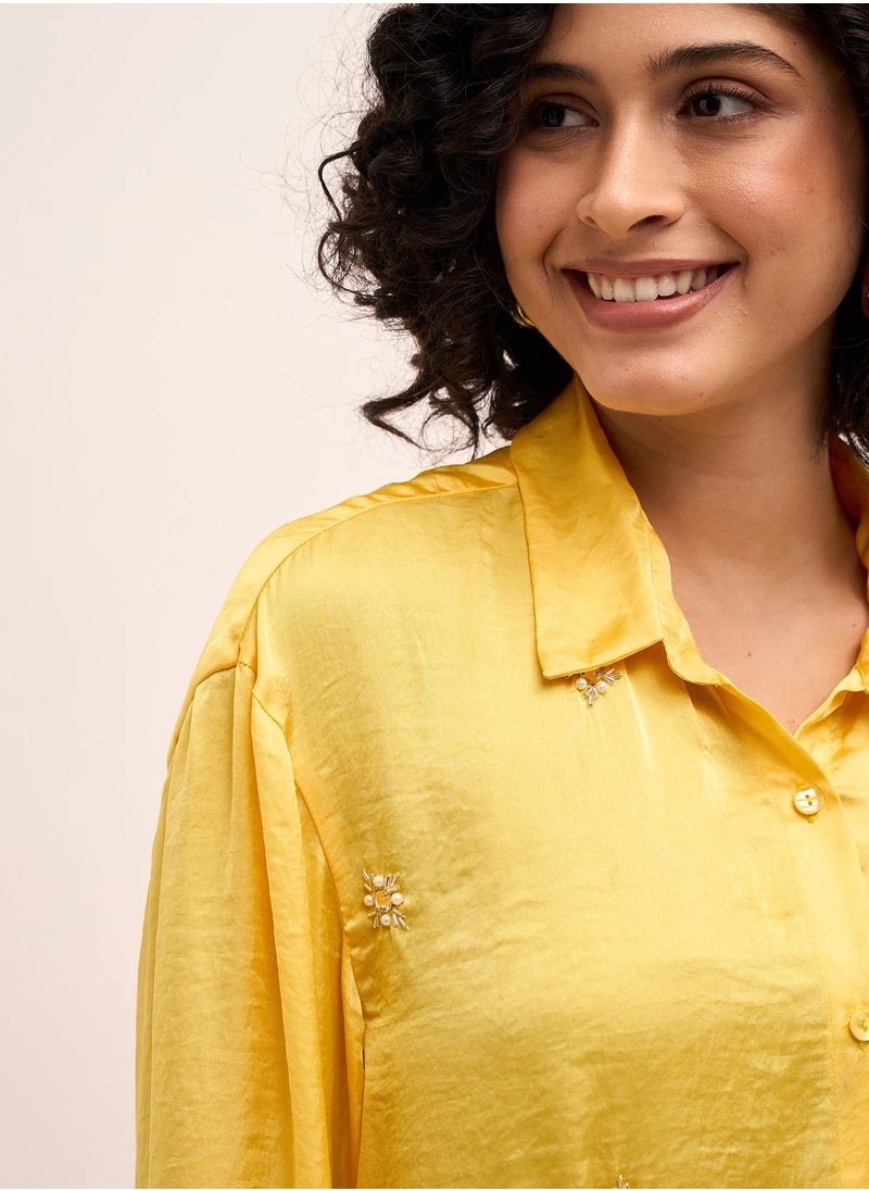 Salt Attire Women's Yellow Embellished Button-Down Shirt | Classic Collared Top with Full-Length Cuffed Sleeves & Dropped Shoulders | Stylish Yellow Shirt for Versatile Wear  - Image 4