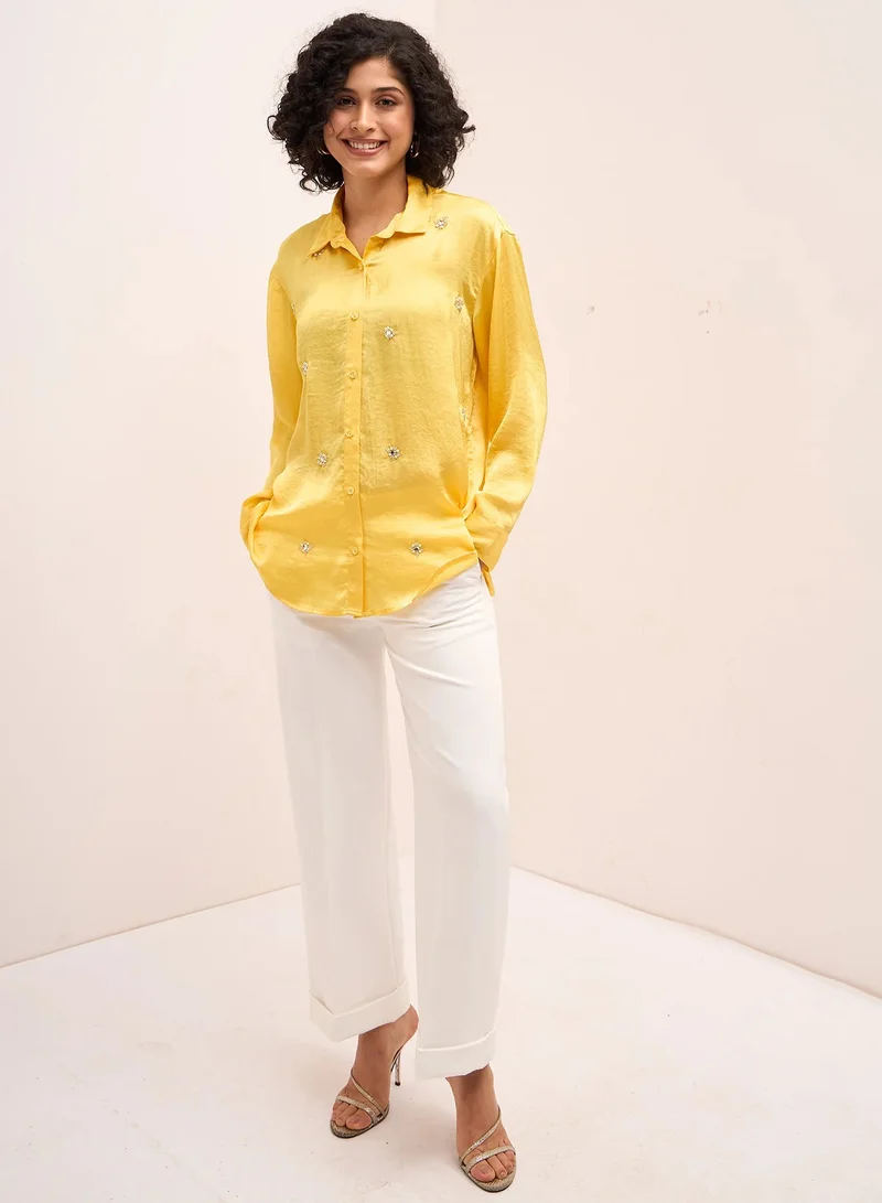 Salt Attire Women's Yellow Embellished Button-Down Shirt | Classic Collared Top with Full-Length Cuffed Sleeves & Dropped Shoulders | Stylish Yellow Shirt for Versatile Wear