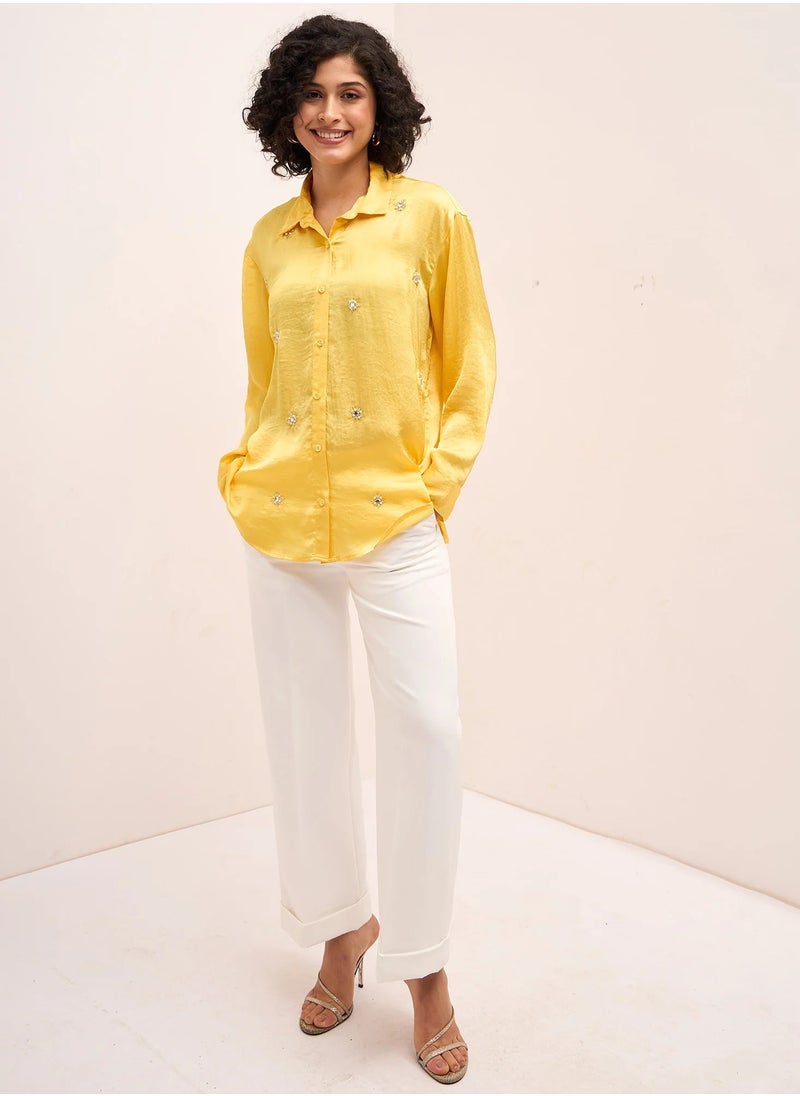 Salt Attire Women's Yellow Embellished Button-Down Shirt | Classic Collared Top with Full-Length Cuffed Sleeves & Dropped Shoulders | Stylish Yellow Shirt for Versatile Wear  - Image 5