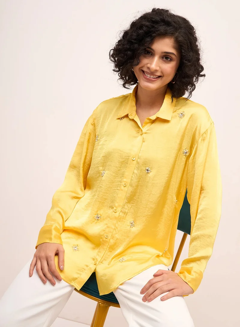 Salt Attire Women's Yellow Embellished Button-Down Shirt | Classic Collared Top with Full-Length Cuffed Sleeves & Dropped Shoulders | Stylish Yellow Shirt for Versatile Wear