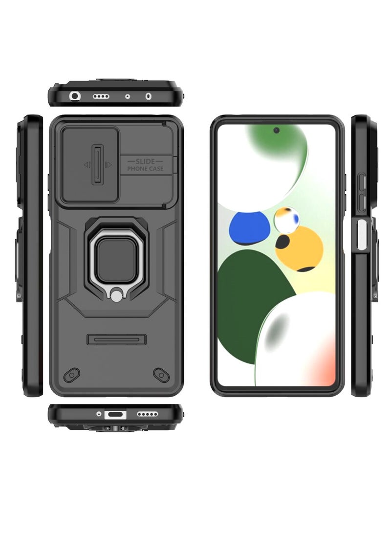 ماركة غير محددة - جراب هاتف Xiaomi Redmi Note 12 Pro Speed 5G المتين: حماية مقاومة للسقوط بمعايير عسكرية مع غطاء منزلق لحماية الكاميرا، ومسند مدمج لسهولة الاستخدام، وتصميم أنيق باللون الأسود. - Image 1