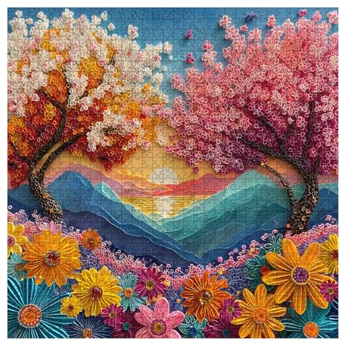 PICKFORU Diamond Plant Floral Puzzles for Adults 1000 Pieces PICKFORU Colorful Cherry Blossom Jigsaw Puzzles Quilling Paper Art Difficult Challenging Nature Mountain Scene Theme as House Decor - Image 5