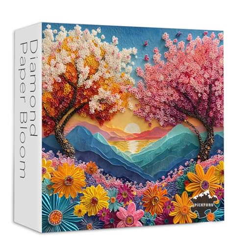 PICKFORU Diamond Plant Floral Puzzles for Adults 1000 Pieces PICKFORU Colorful Cherry Blossom Jigsaw Puzzles Quilling Paper Art Difficult Challenging Nature Mountain Scene Theme as House Decor - Image 1